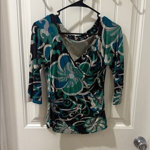 Vintage Teal and Black Floral Wrap Blouse